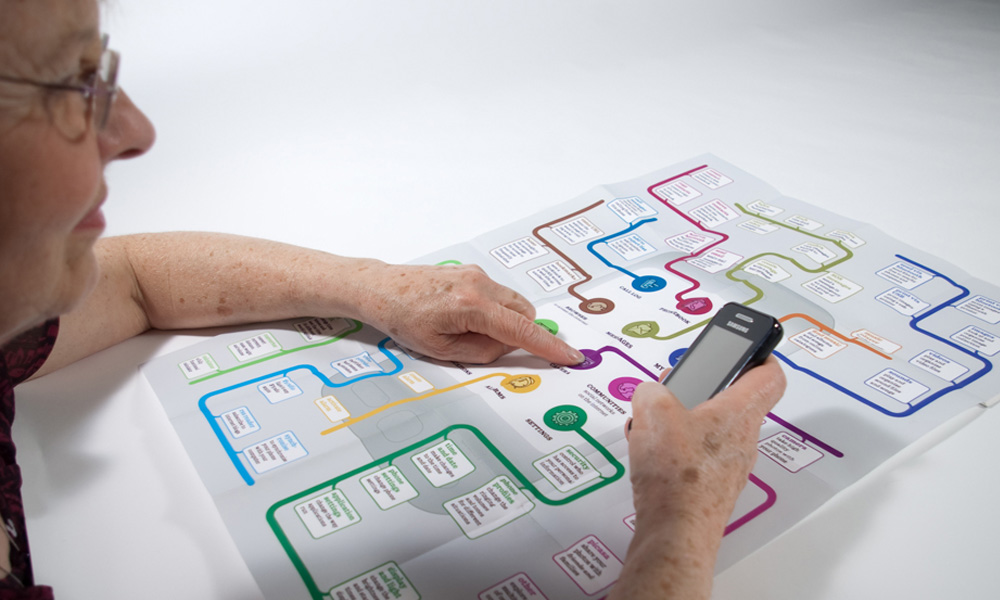 A person pointing at the map while holding a phone
