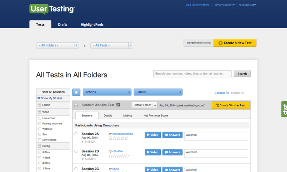 UserTesting.com session list for the extension